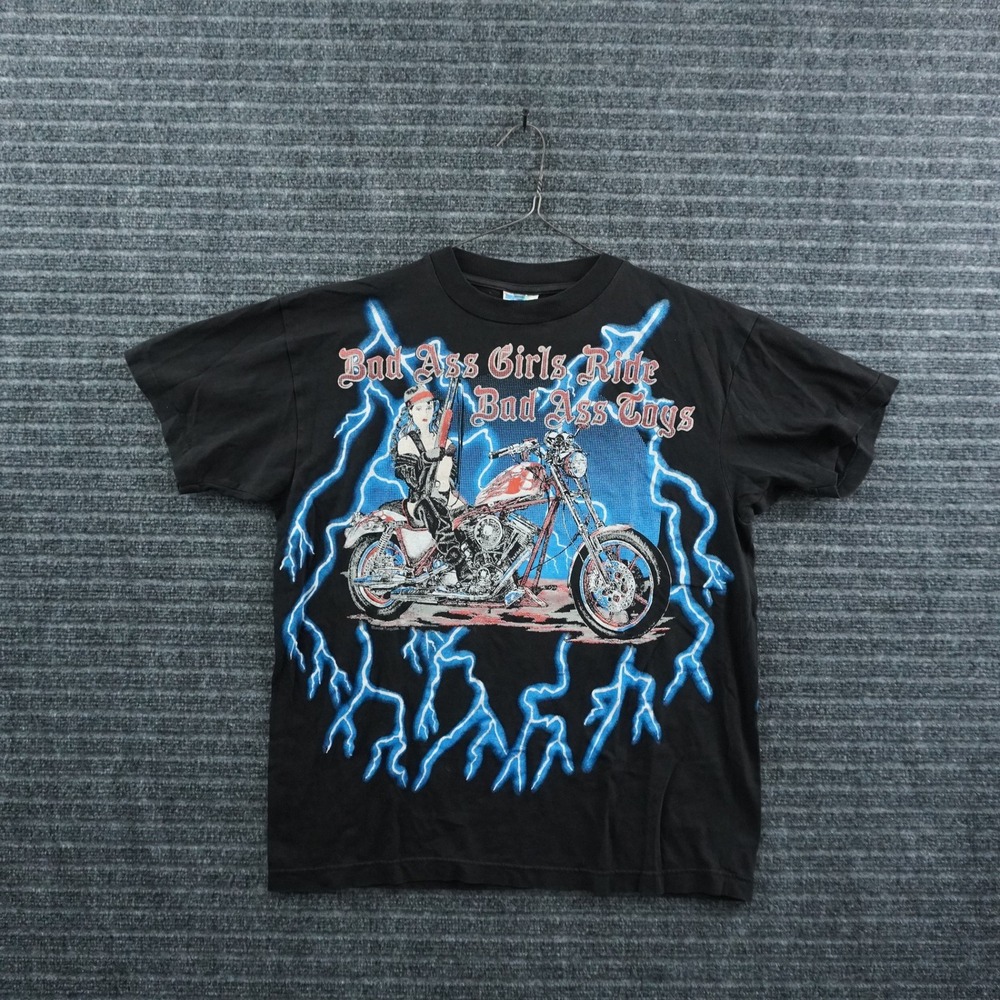 Vintage 90s American Thunder T-Shirt Bad Toys L Black Biker Single Stitch